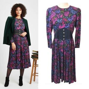 VTG 80s Jessica Howard Floral Midi Dress 6P Whimsigoth Puff Sleeve Pleated